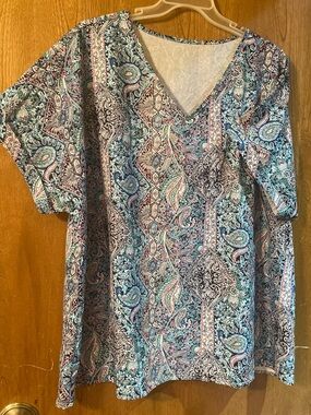 V-Neck Paisley Blouse in Teal and Pink, 4W, wrinkle resistant Poly/spandex